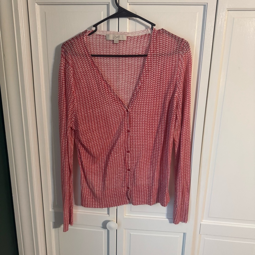 LOFT Pink and White Chevron Knit Sweater
